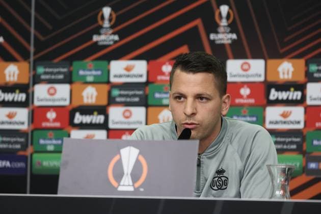 Union s goalkeeper Anthony Moris pictured during a press conference, PK, Pressekonferenz of Belgian soccer team Royale Union Saint-Gilloise, Wednesday 12 April 2023 in Leverkusen, Germany. Union is preparing for tomorrow s game against German Bayer 04 Leverkusen, the first leg of the quarterfinals of the UEFA Europa League competition. BRUNOxFAHY  x64605951x