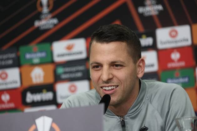 Union s goalkeeper Anthony Moris pictured during a press conference, PK, Pressekonferenz of Belgian soccer team Royale Union Saint-Gilloise, Wednesday 12 April 2023 in Leverkusen, Germany. Union is preparing for tomorrow s game against German Bayer 04 Leverkusen, the first leg of the quarterfinals of the UEFA Europa League competition. BRUNOxFAHY  x64605969x