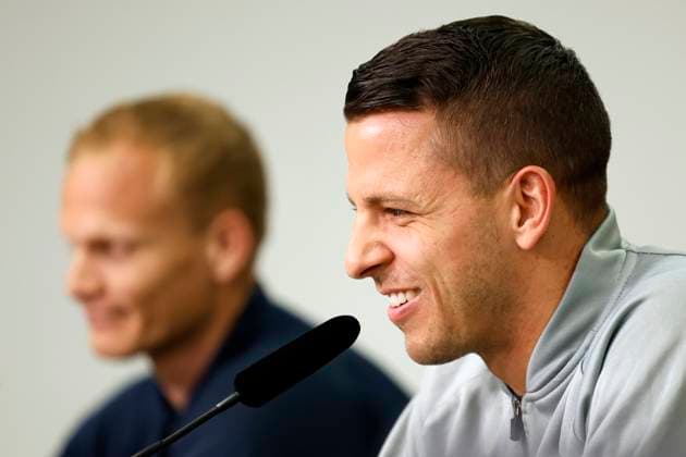 LEVERKUSEN, BELGIUM - APRIL 12 : Geraerts Karel head coach of Union St-Gilloise and Moris Anthony goalkeeper of Union St-Gilloise pictured during a press conference, PK, Pressekonferenz the day before the UEFA Europa League Quarter-finals, 1st leg match between Leverkusen and Union SG at the BayArena on April 12, 2023 in Leverkusen, Belgium, 12 04 2023 ( Leverkusen v Union SG - UEFA Europa League - media activities PhotoNews Panoramic 