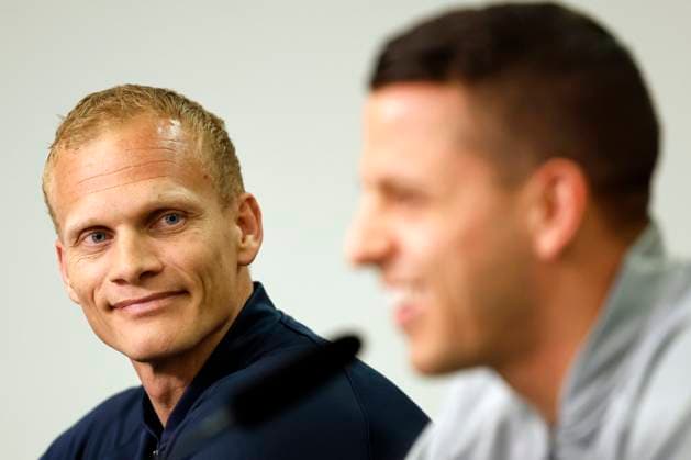 LEVERKUSEN, BELGIUM - APRIL 12 : Geraerts Karel head coach of Union St-Gilloise and Moris Anthony goalkeeper of Union St-Gilloise pictured during a press conference, PK, Pressekonferenz the day before the UEFA Europa League Quarter-finals, 1st leg match between Leverkusen and Union SG at the BayArena on April 12, 2023 in Leverkusen, Belgium, 12 04 2023 ( Leverkusen v Union SG - UEFA Europa League - media activities PhotoNews Panoramic 