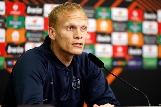 LEVERKUSEN, BELGIUM - APRIL 12 : Geraerts Karel head coach of Union St-Gilloise pictured during a press conference, PK, Pressekonferenz the day before the UEFA Europa League Quarter-finals, 1st leg match between Leverkusen and Union SG at the BayArena on April 12, 2023 in Leverkusen, Belgium, 12 04 2023 ( Leverkusen v Union SG - UEFA Europa League - media activities PhotoNews Panoramic 