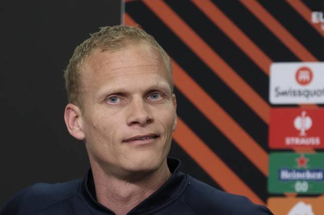 Union s head coach Karel Geraerts pictured at a press conference, PK, Pressekonferenz of Belgian soccer team Royale Union Saint-Gilloise, Wednesday 12 April 2023 in Leverkusen, Germany. Union is preparing for tomorrow s game against German Bayer 04 Leverkusen, the first leg of the quarterfinals of the UEFA Europa League competition. BRUNOxFAHY  x64606109x