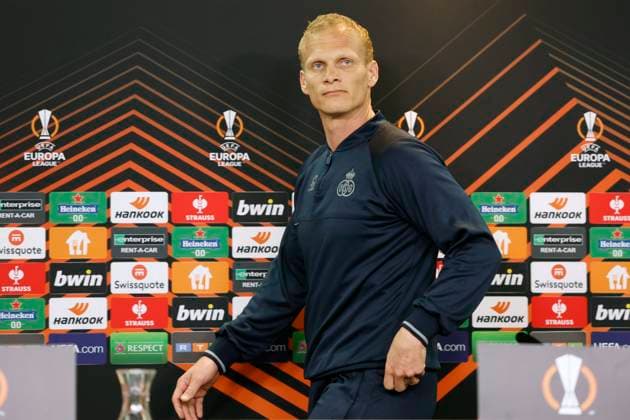 LEVERKUSEN, BELGIUM - APRIL 12 : Geraerts Karel head coach of Union St-Gilloise pictured during a press conference, PK, Pressekonferenz the day before the UEFA Europa League Quarter-finals, 1st leg match between Leverkusen and Union SG at the BayArena on April 12, 2023 in Leverkusen, Belgium, 12 04 2023 ( Leverkusen v Union SG - UEFA Europa League - media activities PhotoNews Panoramic 