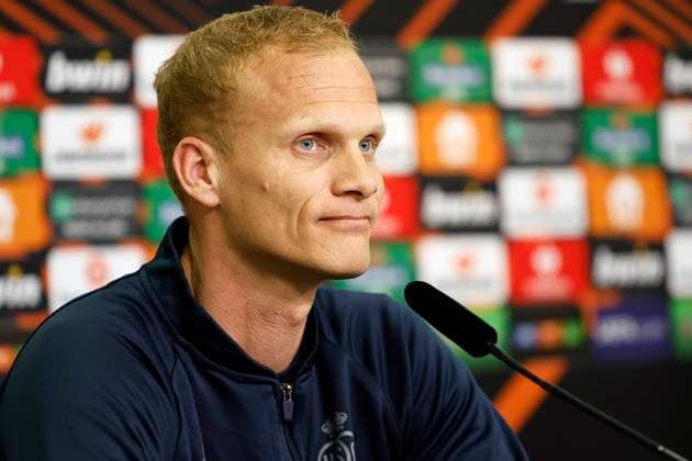 LEVERKUSEN, BELGIUM - APRIL 12 : Geraerts Karel head coach of Union St-Gilloise pictured during a press conference, PK, Pressekonferenz the day before the UEFA Europa League Quarter-finals, 1st leg match between Leverkusen and Union SG at the BayArena on April 12, 2023 in Leverkusen, Belgium, 12 04 2023 ( Leverkusen v Union SG - UEFA Europa League - media activities PhotoNews Panoramic 