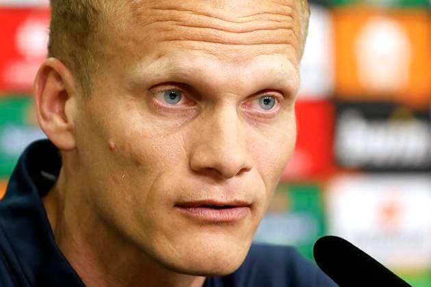 LEVERKUSEN, BELGIUM - APRIL 12 : Geraerts Karel head coach of Union St-Gilloise pictured during a press conference, PK, Pressekonferenz the day before the UEFA Europa League Quarter-finals, 1st leg match between Leverkusen and Union SG at the BayArena on April 12, 2023 in Leverkusen, Belgium, 12 04 2023 ( Leverkusen v Union SG - UEFA Europa League - media activities PhotoNews Panoramic 