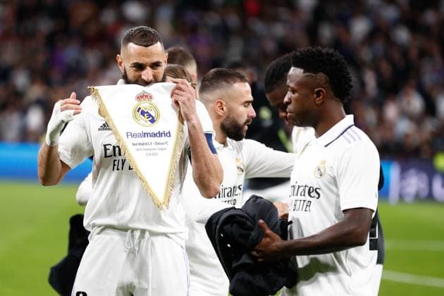 Sport Bilder des Tages April 12, 2023, MADRID, MADRID, SPAIN: Karim Benzema of Real Madrid gestures during the UEFA Champions League, Quarter Finals round 1, football match between Real Madrid and Chelsea FC at Santiago Bernabeu stadium on April 12, 2023, in Madrid, Spain. MADRID SPAIN - ZUMAa181 20230412_zaa_a181_059 Copyright: xOscarxJ.xBarrosox