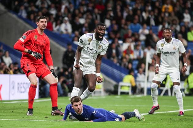 Bilder des Jahres 2023, Sport 04 April Sport Themen der Woche KW15 April 12, 2023, MADRID, MADRID, SPAIN: Antonio Rudiger of Real Madrid celebrates during the UEFA Champions League, Quarter Finals round 1, football match between Real Madrid and Chelsea FC at Santiago Bernabeu stadium on April 12, 2023, in Madrid, Spain. MADRID SPAIN - ZUMAa181 20230412_zaa_a181_194 Copyright: xIrinaxR.xHipolitox