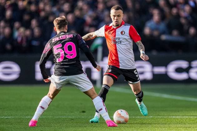 UEFA Europa League quarter final: Feyenoord v AS Roma Rotterdam - Nicola Zalewski of AS Roma, Quilindschy Hartman of Feyenoord during the match between Feyenoord v AS Roma at Stadion Feijenoord De Kuip on 13 April 2023 in Rotterdam, the Netherlands. Copyright: xYannickxVerhoevenx