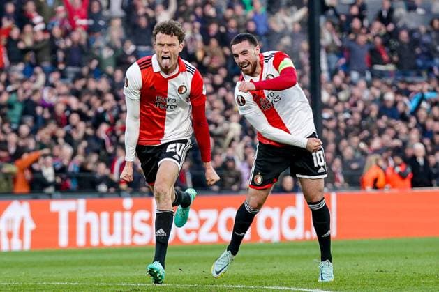 ROTTERDAM, 04-03-2023, Feijenord stadium de Kuip , UEFA Europa League , season 2022 2023, Match between Feyenoord and AS Roma , Feyenoord midfielder Mats Wieffer scores the 1-0 and celebrates With Feyenoord midfielder Orkun Kokcu (r) Feyenoord - AS Roma  x20529230x Copyright: