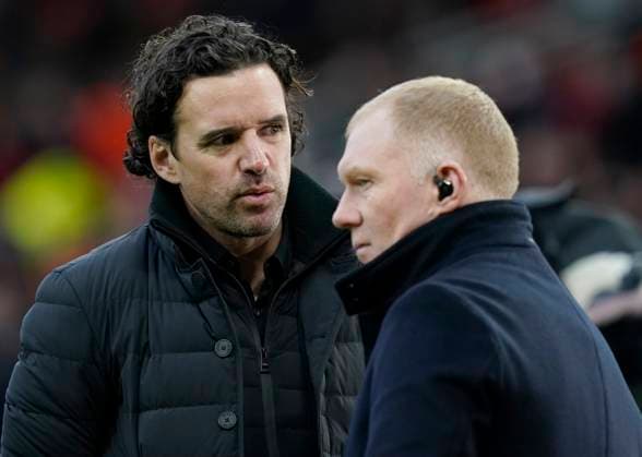 Manchester, England, 13th April 2023. Former players Paul Scholes (r) and Owen Hargreaves (l) on BT during the UEFA Europa League match at Old Trafford, Manchester. Picture credit should read: Andrew Yates Sportimage EDITORIAL USE ONLY. No use with unauthorised audio, video, data, fixture lists, club league logos or live services. Online in-match use limited to 120 images, no video emulation. No use in betting, games or single club league player publications. SPI-2367-0014