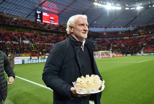 Rudi Völler DFB sports director was presented with a cake for his birthday before the game 13 04 2023, football Europa League, season 2022 23, quarterfinal first leg, Bayer 04 Leverkusen Union Saint Gilloise Leverkusen BayArena Nordrhein Westfalen Germany Team2