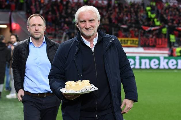 Soccer Europa League quarterfinals Bayer 04 Leverkusen Union Saint Gilloise on 13 04 2023 at the BayArena in Leverkusen Rudi Völler sports director Germany with cake cake xHDx