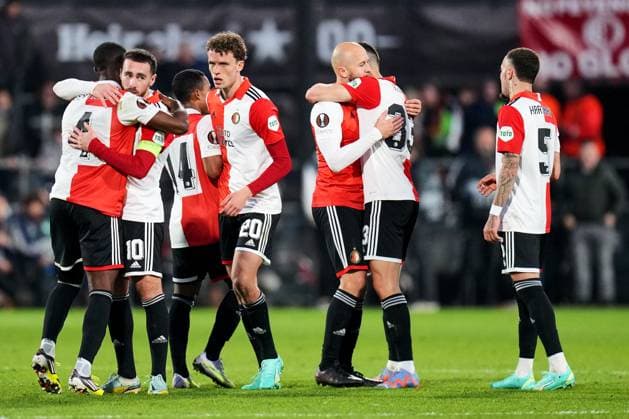 UEFA Europa League quarter final: Feyenoord v AS Roma Rotterdam - Lutsharel Geertruida of Feyenoord, Orkun Kokcu of Feyenoord, Igor Paixao of Feyenoord, Mats Wieffer of Feyenoord, Gernot Trauner of Feyenoord, David Hancko of Feyenoord, Quilindschy Hartman of Feyenoord during the match between Feyenoord v AS Roma at Stadion Feijenoord De Kuip on 13 April 2023 in Rotterdam, the Netherlands. Copyright: xYannickxVerhoevenx