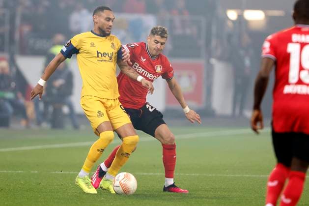 LEVERKUSEN, GERMANY - APRIL 13 : Lapoussin Loic forward of Union St-Gilloise during the UEFA Europa League Quarter-finals, 1st leg match between Leverkusen and Union SG at the BayArena on April 13, 2023 in Leverkusen, Germany, 13 04 2023 ( Leverkusen v Union SG - UEFA Europa League PhotoNews Panoramic 