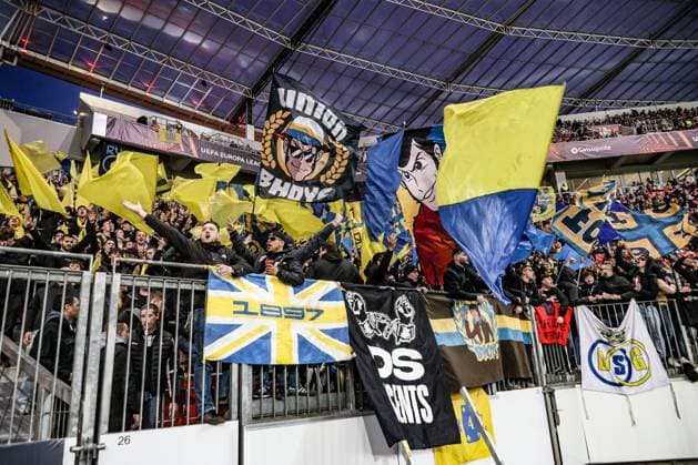 Union s supporters pictured during a soccer game between German Bayer 04 Leverkusen and Belgian Royale Union Saint-Gilloise, the first leg game of the quarterfinals of the UEFA Europa League competition, Thursday 13 April 2023 in Leverkusen, Germany. BRUNOxFAHY  x64672070x