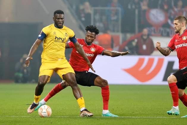 LEVERKUSEN, GERMANY - APRIL 13 : Boniface Victor forward of Union St-Gilloise during the UEFA Europa League Quarter-finals, 1st leg match between Leverkusen and Union SG at the BayArena on April 13, 2023 in Leverkusen, Germany, 13 04 2023 ( Leverkusen v Union SG - UEFA Europa League PhotoNews Panoramic 