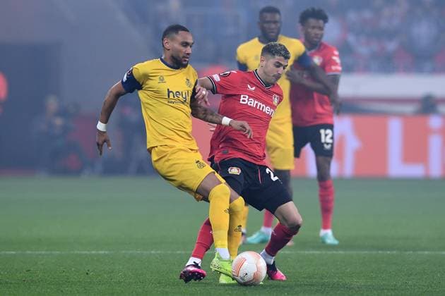 Soccer Europa League quarterfinals Bayer 04 Leverkusen Union Saint Gilloise on 13 04 2023 at the BayArena in Leverkusen Loic Lapoussin Saint Gilloise , front Exequiel Palacios Leverkusen , rear xRx