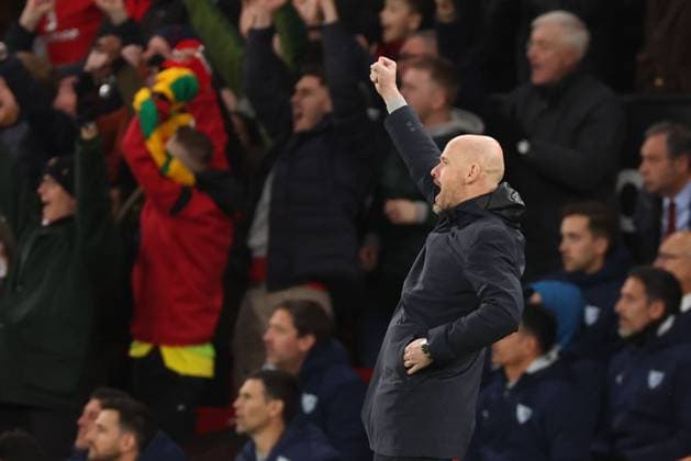 Mandatory Credit: Photo by Ryan Browne Shutterstock (13867464ad) Manchester United, ManU manager Erik ten Hag celebrates the opening goal. Manchester United v Sevilla, UEFA Europa League, Quarter-Final, First Leg, Football, Old Trafford, Manchester, UK - 13 Apr 2023 Manchester United v Sevilla, UEFA Europa League, Quarter-Final, First Leg, Football, Old Trafford, Manchester, UK - 13 Apr 2023 Copyright: xRyanxBrowne Shutterstockx 13867464ad