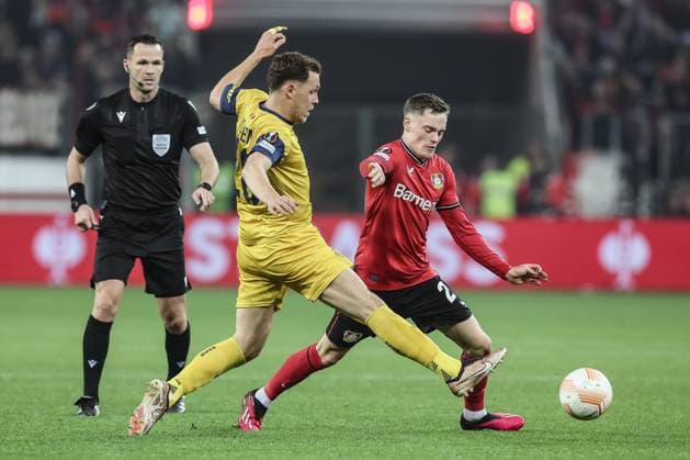 Union s Senne Lynen pictured in action during a soccer game between German Bayer 04 Leverkusen and Belgian Royale Union Saint-Gilloise, the first leg game of the quarterfinals of the UEFA Europa League competition, Thursday 13 April 2023 in Leverkusen, Germany. BRUNOxFAHY  x64672859x