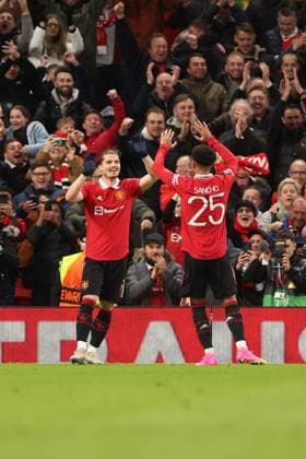 Mandatory Credit: Photo by Ryan Browne Shutterstock (13867464aj) Marcel Sabitzer of Manchester United, ManU celebrates his goal 2-0. Manchester United v Sevilla, UEFA Europa League, Quarter-Final, First Leg, Football, Old Trafford, Manchester, UK - 13 Apr 2023 Manchester United v Sevilla, UEFA Europa League, Quarter-Final, First Leg, Football, Old Trafford, Manchester, UK - 13 Apr 2023 Copyright: xRyanxBrowne Shutterstockx 13867464aj