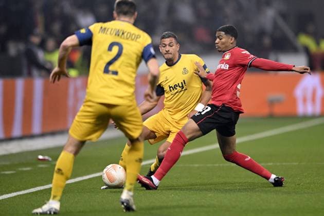 LEVERKUSEN, GERMANY - APRIL 13 : Kandouss Ismael defender of Union St-Gilloise battles for the ball with Diaby Moussa forward of Bayer Leverkusen during the UEFA Europa League Quarter-finals, 1st leg match between Leverkusen and Union SG at the BayArena on April 13, 2023 in Leverkusen, Germany, 13 04 2023 ( Leverkusen v Union SG - UEFA Europa League PhotoNews Panoramic 