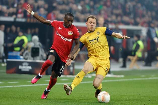 LEVERKUSEN, GERMANY - APRIL 13 : Lynen Senne midfielder of Union St-Gilloise during the UEFA Europa League Quarter-finals, 1st leg match between Leverkusen and Union SG at the BayArena on April 13, 2023 in Leverkusen, Germany, 13 04 2023 ( Leverkusen v Union SG - UEFA Europa League PhotoNews Panoramic 