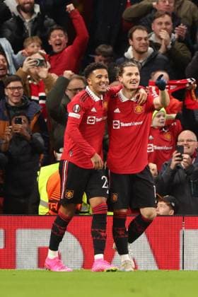 Mandatory Credit: Photo by Ryan Browne Shutterstock (13867464al) Marcel Sabitzer of Manchester United, ManU celebrates his goal 2-0. Manchester United v Sevilla, UEFA Europa League, Quarter-Final, First Leg, Football, Old Trafford, Manchester, UK - 13 Apr 2023 Manchester United v Sevilla, UEFA Europa League, Quarter-Final, First Leg, Football, Old Trafford, Manchester, UK - 13 Apr 2023 Copyright: xRyanxBrowne Shutterstockx 13867464al
