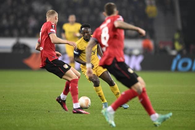 LEVERKUSEN, GERMANY - APRIL 13 : Amani Lazare midfielder of Union St-Gilloise during the UEFA Europa League Quarter-finals, 1st leg match between Leverkusen and Union SG at the BayArena on April 13, 2023 in Leverkusen, Germany, 13 04 2023 ( Leverkusen v Union SG - UEFA Europa League PhotoNews Panoramic 