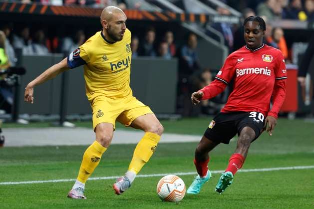 LEVERKUSEN, GERMANY - APRIL 13 : Teuma Teddy midfielder of Union St-Gilloise during the UEFA Europa League Quarter-finals, 1st leg match between Leverkusen and Union SG at the BayArena on April 13, 2023 in Leverkusen, Germany, 13 04 2023 ( Leverkusen v Union SG - UEFA Europa League PhotoNews Panoramic 