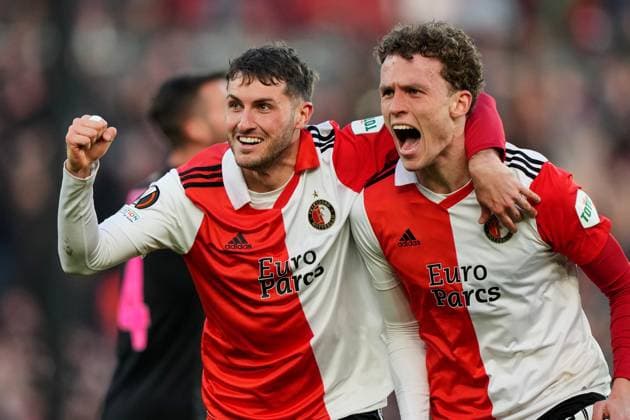 UEFA Europa League quarter final: Feyenoord v AS Roma Rotterdam - Santiago Gimenez of Feyenoord, Mats Wieffer of Feyenoord during the match between Feyenoord v AS Roma at Stadion Feijenoord De Kuip on 13 April 2023 in Rotterdam, the Netherlands. Copyright: xTomxBodex