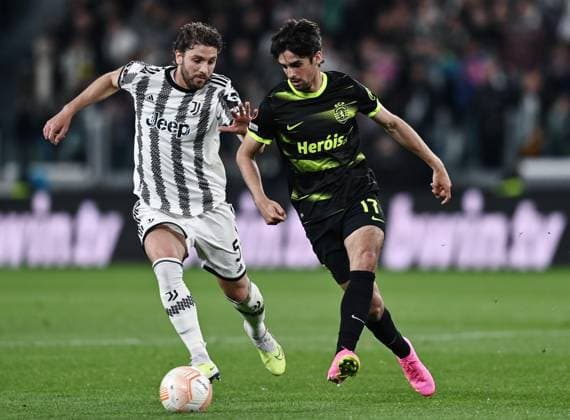 Db Torino 13 04 2023 - Europa League Juventus-Sporting Lisbona foto Daniele Buffa Image nella foto: Manuel Locatelli-Francisco Trincao 