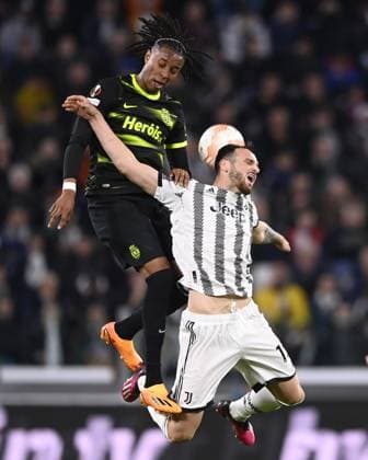 Foto Fabio Ferrari LaPresse 13 Aprile 2023 - Torino, Italia - calcio - Juventus vs Sporting Lisbona - UEFA Europa League - quarti di finale -1 2 - Juventus Stadium. Nella foto: Federico Gatti (Juventus F.C.), Chermiti (Sporting Lisbona) April 13, 2023 Turin, Italy - sport, calcio - Juventus vs Sporting Lisbona - UEFA Europa League - quarter to finals-1 2- Juventus Stadium. In the pic: Federico Gatti (Juventus F.C.), Chermiti (Sporting Lisbona)  Copyright: xFabioxFerrari LaPressex