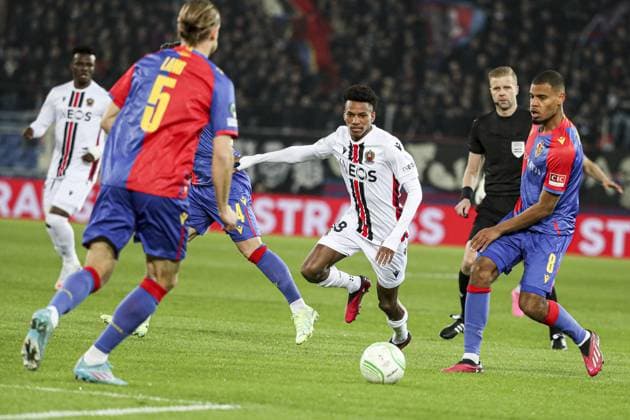 Hicham Boudaoui 28 FOOTBALL : FC Basel vs OGC Nice - UEFA Europa Conference League quarter-final- 13 04 2023 -St. Jakob b-Park Basel ElyxandroCegarra Panoramic 