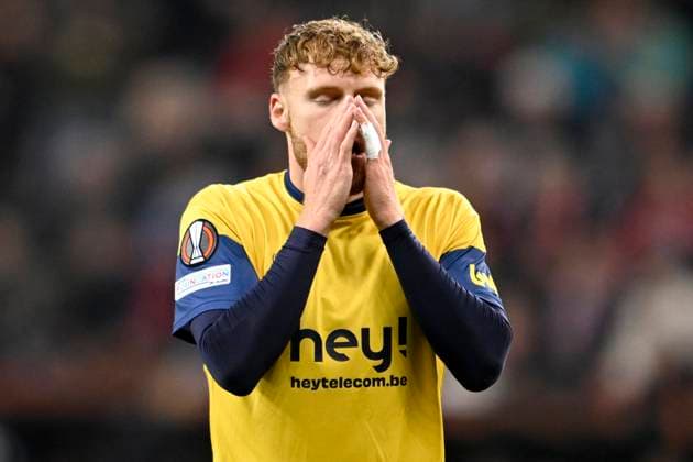 LEVERKUSEN, GERMANY - APRIL 13 : Vertessen Yorbe forward of Union St-Gilloise during the UEFA Europa League Quarter-finals, 1st leg match between Leverkusen and Union SG at the BayArena on April 13, 2023 in Leverkusen, Germany, 13 04 2023 ( Leverkusen v Union SG - UEFA Europa League PhotoNews Panoramic 