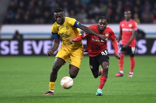 Soccer Europa League quarterfinals Bayer 04 Leverkusen Union Saint Gilloise on 13 04 2023 at the BayArena in Leverkusen Victor Boniface Saint Gilloise , left Jeremie Frimpong Leverkusen , right xHDx