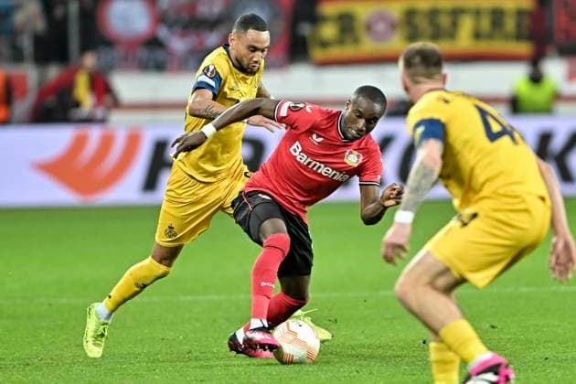 f l in duel Loic Lapoussin 94, Union Saint Gilloise Moussa Diaby 19, Bayer 04 Leverkusen 13 04 2023 Football Europa League, Bayer 04 Leverkusen vs Union Saint Gilloise, BayArena, Leverkusen, NRW Germany Copyright: xpepphotox xHorstxMauelshagenx pep00321, pep_20230413_hm