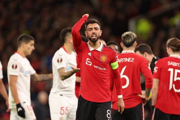 Mandatory Credit: Photo by Ryan Browne Shutterstock (13867464aq) Bruno Fernandes of Manchester United, ManU reacts. Manchester United v Sevilla, UEFA Europa League, Quarter-Final, First Leg, Football, Old Trafford, Manchester, UK - 13 Apr 2023 Manchester United v Sevilla, UEFA Europa League, Quarter-Final, First Leg, Football, Old Trafford, Manchester, UK - 13 Apr 2023 Copyright: xRyanxBrowne Shutterstockx 13867464aq