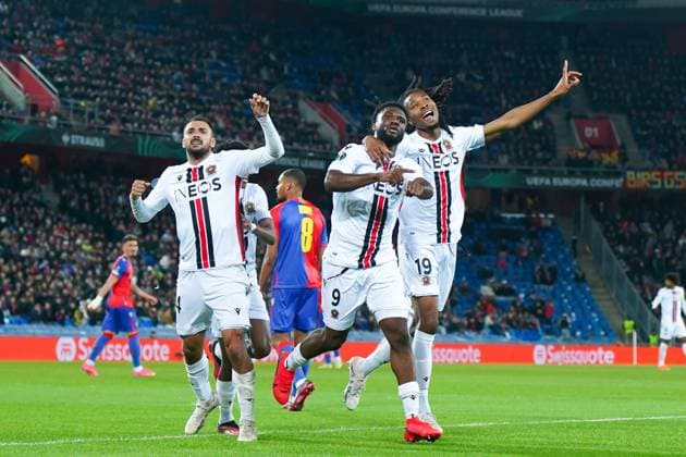 13 04 2023, Basel, St Jakobs Park, Switzerland, UEFA Europa Conference League FC Basel OGC Nice, 9 Terem Moffi Nice celebrates after scoring his team s first goal with teammates Basel St Jakobs Park Basel Switzerland  Copyright: xJustPictures.ch DanielaxPorcellix
