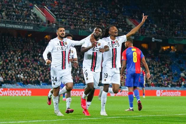 13 04 2023, Basel, St Jakobs Park, Switzerland, UEFA Europa Conference League FC Basel OGC Nice, 9 Terem Moffi Nice celebrates after scoring his team s first goal with teammates Basel St Jakobs Park Basel Switzerland  Copyright: xJustPictures.ch DanielaxPorcellix