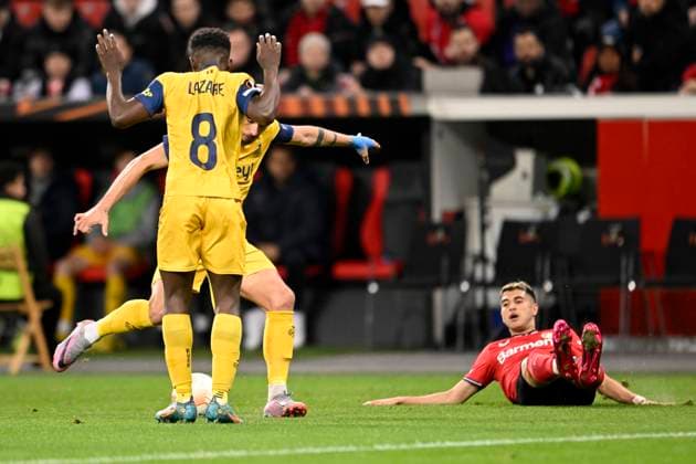LEVERKUSEN, GERMANY - APRIL 13 : Teuma Teddy midfielder of Union St-Gilloise and Amani Lazare midfielder of Union St-Gilloise during the UEFA Europa League Quarter-finals, 1st leg match between Leverkusen and Union SG at the BayArena on April 13, 2023 in Leverkusen, Germany, 13 04 2023 ( Leverkusen v Union SG - UEFA Europa League PhotoNews Panoramic 