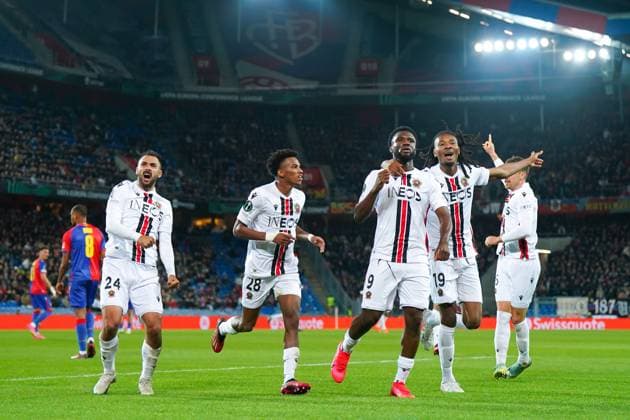 13 04 2023, Basel, St Jakobs Park, Switzerland, UEFA Europa Conference League FC Basel OGC Nice, 9 Terem Moffi Nice celebrates after scoring his team s first goal with teammates Basel St Jakobs Park Basel Switzerland  Copyright: xJustPictures.ch DanielaxPorcellix