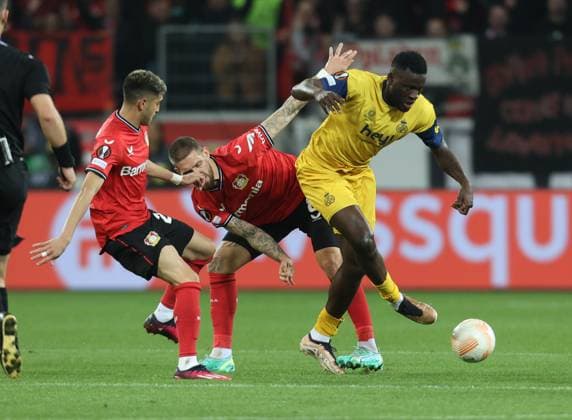 Florian Wirtz Bayer04 , Robert Andrich Bayer , Victor Boniface Saint Gilloise , UEFA Europa League, Leverkusen, Germany, 13 04 2023, Europa League, Quarterfinal, First leg, Bayer 04 Leverkusen vs Union Saint Gilloise.