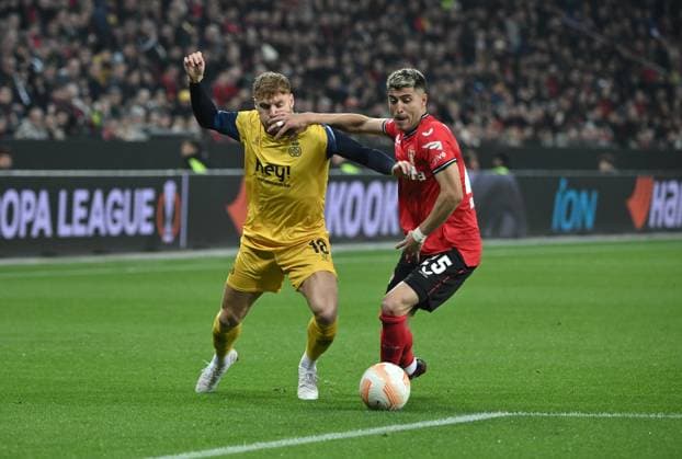 Exequiel Palacios Bayer 04 Leverkusen , re , vs Yorbe Vertessen Saint Gilloise 13 04 2023, Football Europa League, 2022 23 season, quarterfinal first leg, Bayer 04 Leverkusen Union Saint Gilloise Leverkusen BayArena Nordrhein Westfalen Germany. Team2