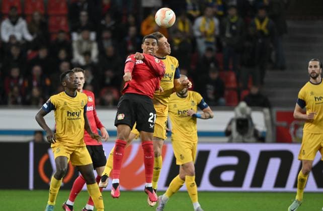 Senne Lynen Saint Gilloise , re , against Amine Adli Bayer 04 Leverkusen 13 04 2023, football Europa League, season 2022 23, quarterfinals first leg, Bayer 04 Leverkusen Union Saint Gilloise Leverkusen BayArena Nordrhein Westfalen Germany. Team2