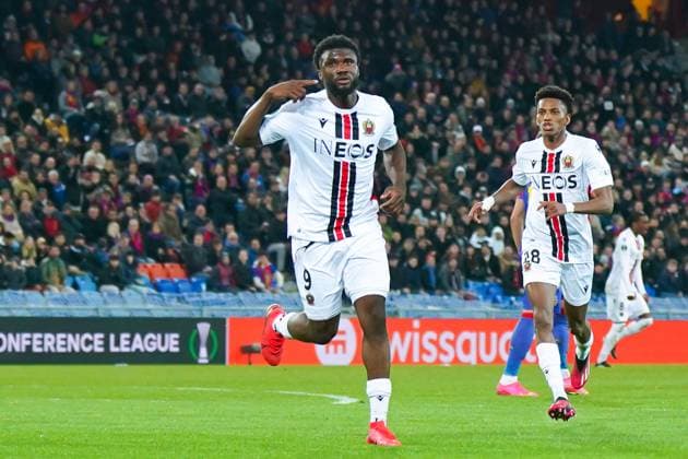 13 04 2023, Basel, St Jakobs Park, Switzerland, UEFA Europa Conference League FC Basel OGC Nice, 9 Terem Moffi Nice celebrates after scoring a goal Basel St Jakobs Park Basel Switzerland  Copyright: xJustPictures.ch DanielaxPorcellix
