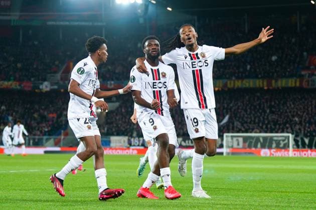 13 04 2023, Basel, St Jakobs Park, Switzerland, UEFA Europa Conference League FC Basel OGC Nice, 9 Terem Moffi Nice celebrates with teammates after scoring a goal Basel St Jakobs Park Basel Switzerland  Copyright: xJustPictures.ch DanielaxPorcellix