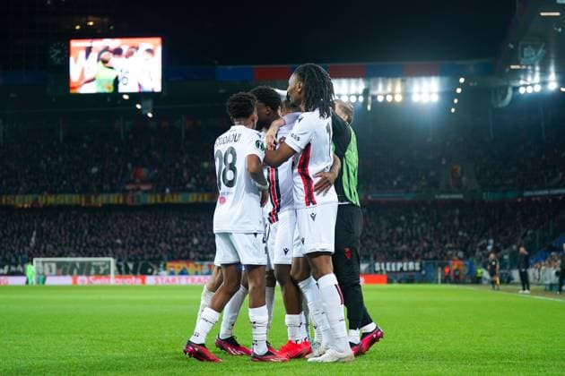 13 04 2023, Basel, St Jakobs Park, Switzerland, UEFA Europa Conference League FC Basel OGC Nice, 9 Terem Moffi Nice celebrates with teammates after scoring a goal Basel St Jakobs Park Basel Switzerland  Copyright: xJustPictures.ch DanielaxPorcellix