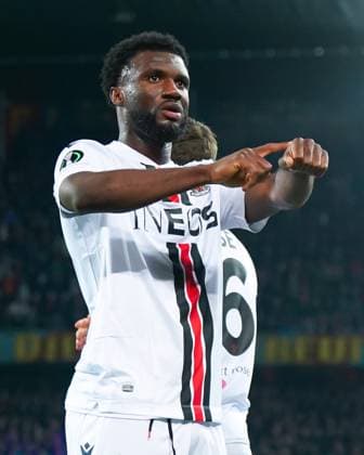 13 04 2023, Basel, St Jakobs Park, Switzerland, UEFA Europa Conference League FC Basel OGC Nice, 9 Terem Moffi Nice celebrates after scoring a goal Basel St Jakobs Park Basel Switzerland  Copyright: xJustPictures.ch DanielaxPorcellix