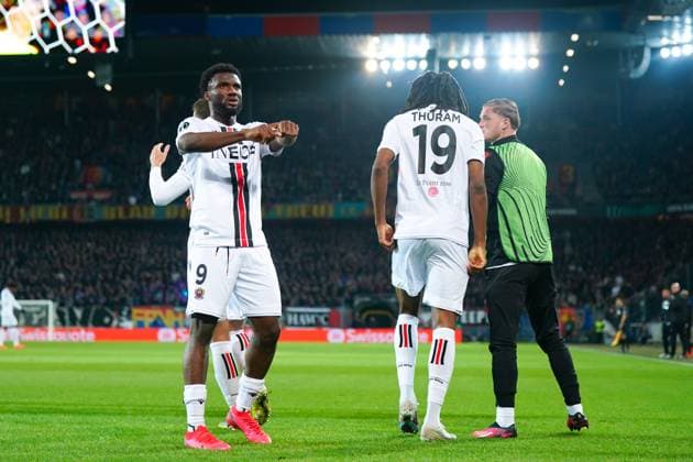 13 04 2023, Basel, St Jakobs Park, Switzerland, UEFA Europa Conference League FC Basel OGC Nice, 9 Terem Moffi Nice celebrates with teammates after scoring a goal Basel St Jakobs Park Basel Switzerland  Copyright: xJustPictures.ch DanielaxPorcellix