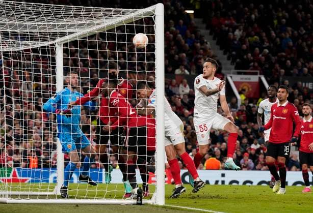 Manchester, England, 13th April 2023. Raphael Varane of Manchester United, ManU clears the ball off the line during the UEFA Europa League match at Old Trafford, Manchester. Picture credit should read: Andrew Yates Sportimage EDITORIAL USE ONLY. No use with unauthorised audio, video, data, fixture lists, club league logos or live services. Online in-match use limited to 120 images, no video emulation. No use in betting, games or single club league player publications. SPI-2367-0045